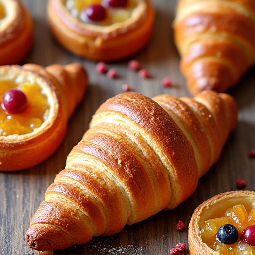 An assortment of freshly baked artisanal pastries including croissants and danishes.